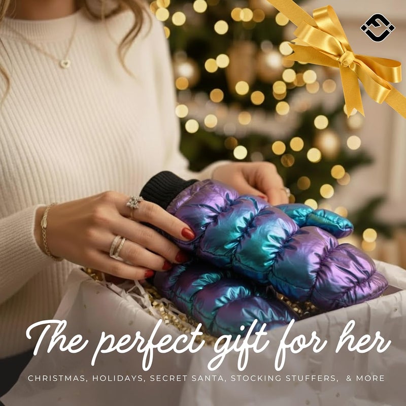 Funky Junque Women's Fleece Lined Puffer Mittens Gloves, Cold Weather Accessory for Ice Skating, Shiny Metallic Knit Cuff - Image 2